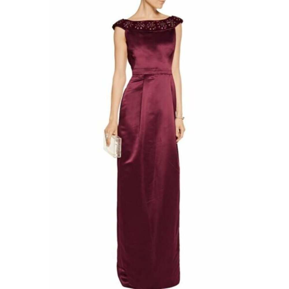 Raoul Gown Burgundy Red Satin Column Embellished Long Dress SZ 8 New